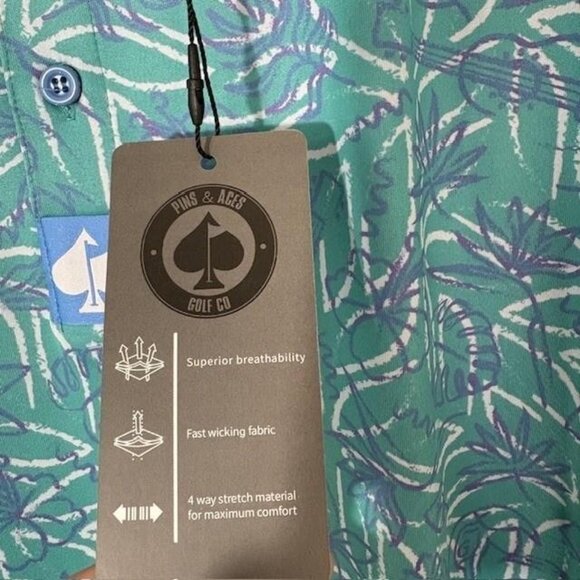 Pins & Aces Polo Shirt Mens 2XL Blue Green Palm Leaf Golf Performance Stretch - Picture 4 of 7